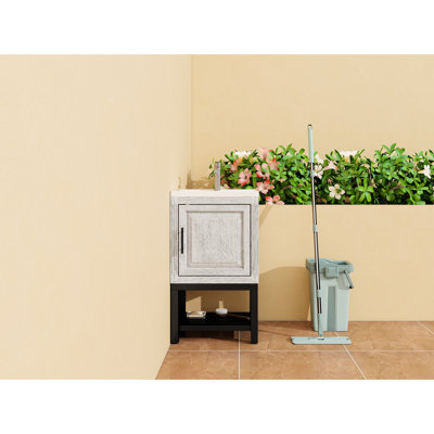 Armoire de salle de bain 20 po avec lavabo, robinet en aluminium texturé, 1 porte de meuble-lavabo autoportant et tablette ouverte en fer, patins réglables pour minimiser l'impact de la petite armoire au sol, évier en céramique blanche