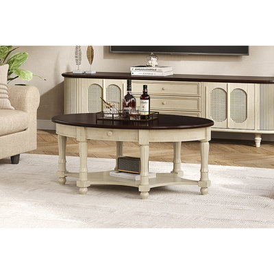 Table basse vintage ovale avec tiroir et étagère de rangement, table de cocktail antique de 45 po, table d'appoint de style champêtre français pour le salon
