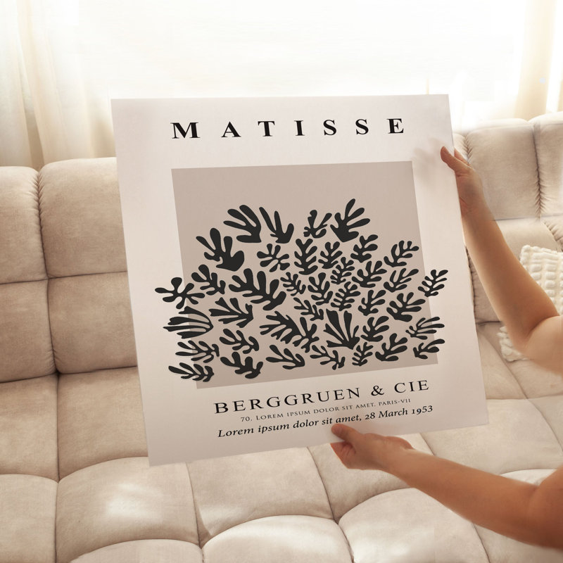 Abstrait matisse noir et beige, reproduction d'art moderne sans cadre Mid-Century, H 14 po x l 14 po