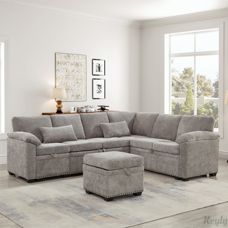 97" L-Shaped Corner Sectional Sofa Couch with Storage Ottoman, Grey