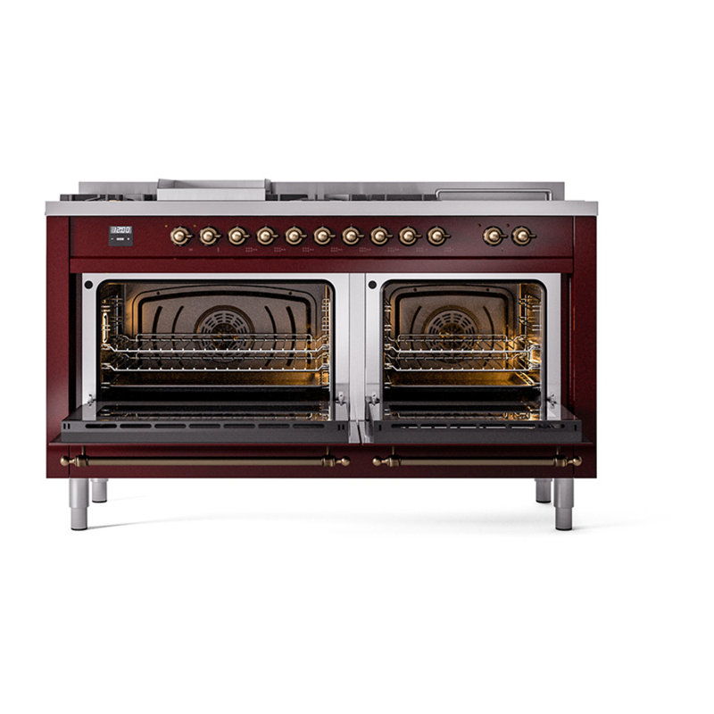 ILVE Nostalgie II Noblesse 60 in Dual Fuel Range 7 Burner, Griddle, Frenchtop, Burgundy/Burnished, Natural Gas