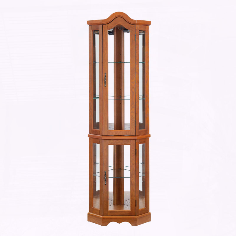 Lighted Corner Curio Cabinet with Tempered Glass Doors & Shelves, Oak