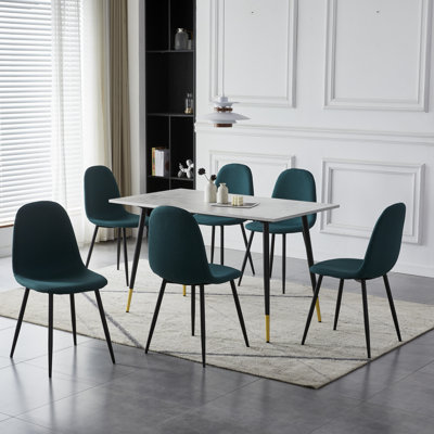 Ezzidi 7 - Piece Rectangular Marble Pattern Veneer Wooden Dining Table With 6 Upholstery Chairs