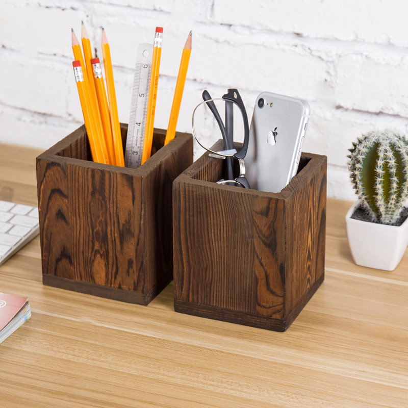 Set Of 2 Natural Grain Wood Desktop Pen Holder Pencil Holder Cup, Office Dorm Home Desk Supplies