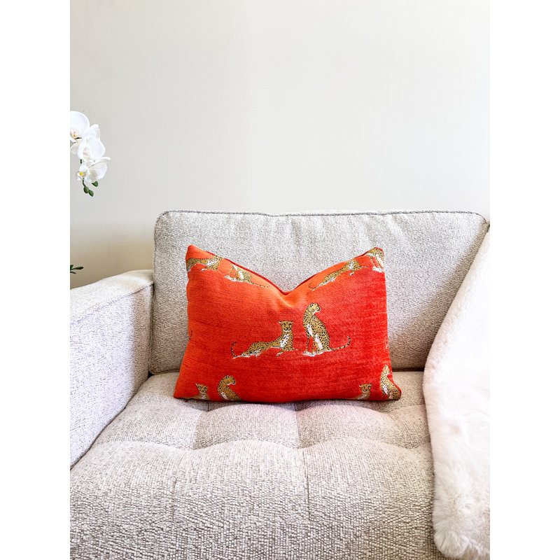 Chenille Embroidered Cheetah Lumbar Pillow Cover, Orange