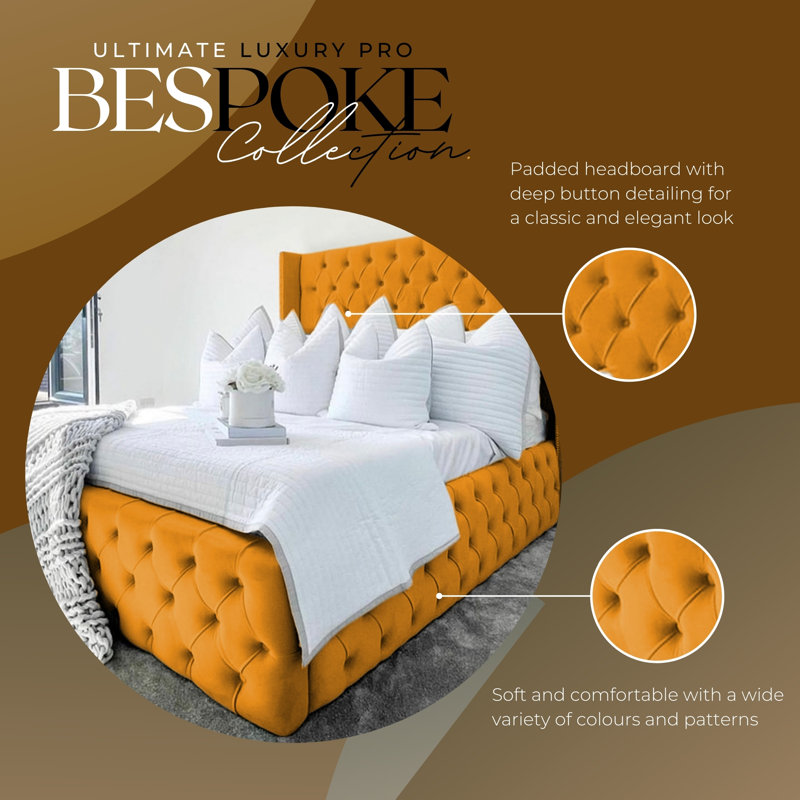 Ericka Chesterfield Ottoman Storage Bed - Deep Button-Tufted Velvet Upholstered Bed Frame, Mustard, Double (4'6)