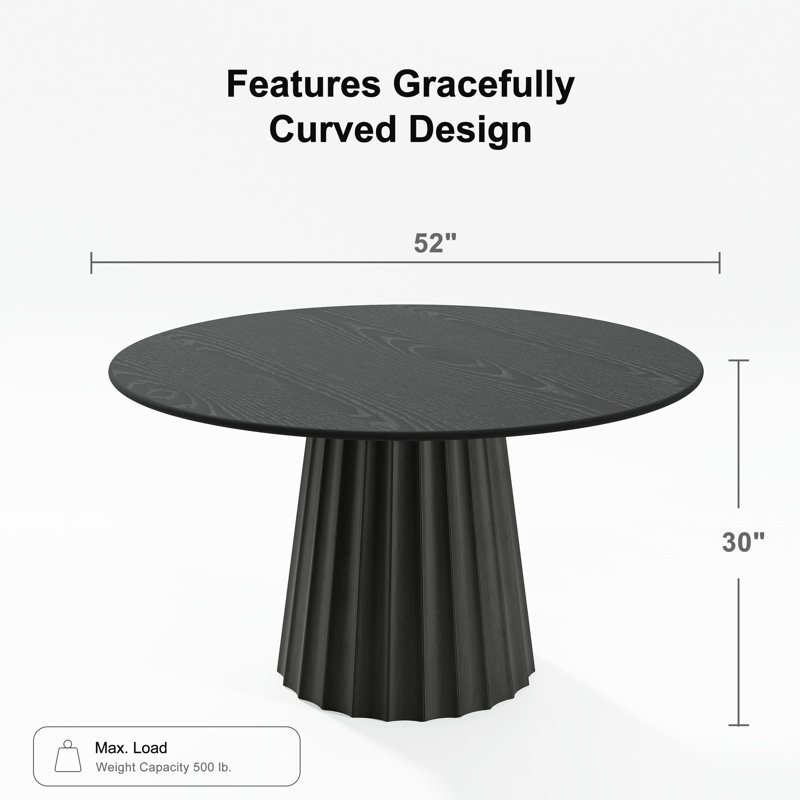 Solid Wood Dining Table Round Pedestal Kitchen Table, 30"H x 52"L x 52"W, Black