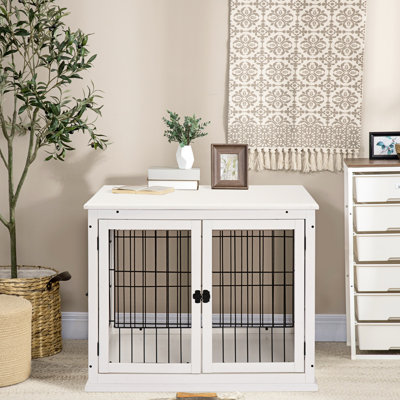 Dog Kennel End Table, Small With Lockable Door And Two Openings, Cute Modern Indoor, Pure White Table By , Decorative