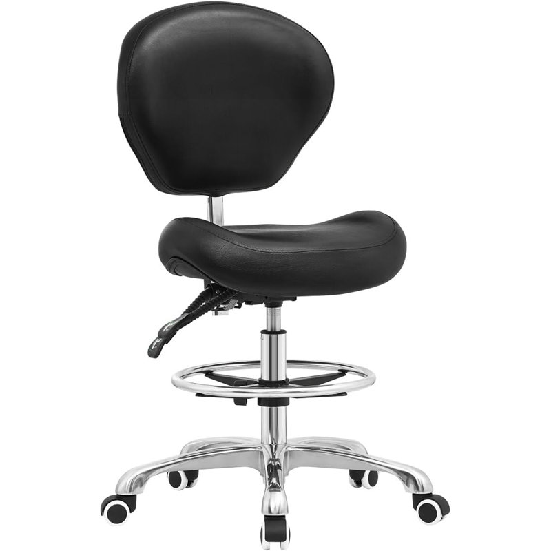 Black Adjustable Drafting Stool - Tall Office Chair For Standing Desk With Backrest, Foot Rest & Rolling Wheels (Ideal For Shop/Studio/Dental/Salon/Home)