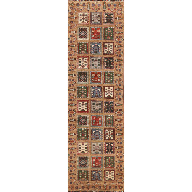 Tapis de couloir brun en laine noué à la main à motif géométrique 2 pi 7 po x 9 pi 7 po