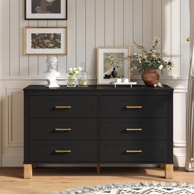 Commode double à 6 tiroirs, armoire de rangement moderne avec poignées en métal et pieds en bois massif, organisateur de tiroir pour chambre d'enfant, commode en bois robuste avec préinstallé, noir