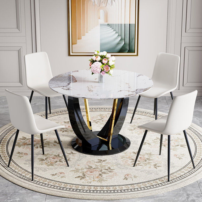 Modern 4‑Seat Round Dining Table Set – Tempered Glass Top Dining Table and Chairs, Stylish Kitchen & Dining Room Set, White