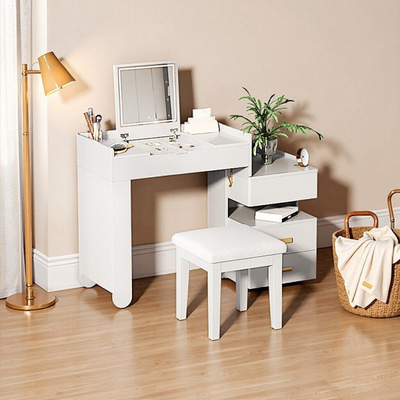 45 Inch 3-in-1 Vanity Desk with LED Mirror, Adjustable Lighting & Retractable Cabinet Dressing Table, White