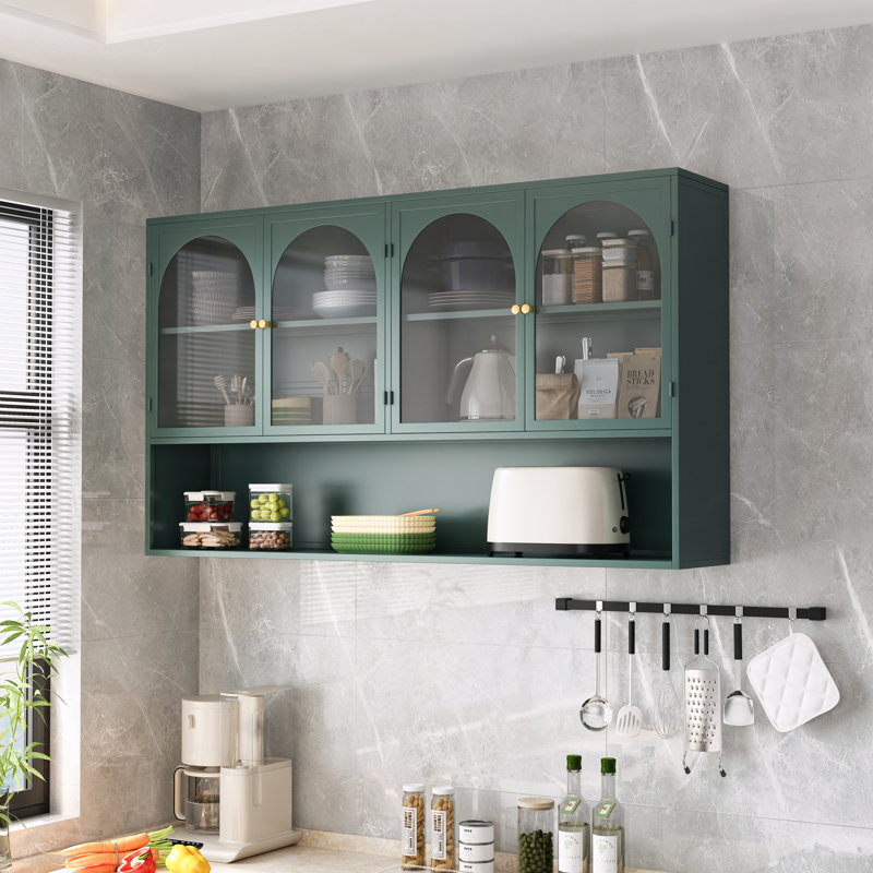 Four-Door Glass Wall Cabinet Storage, Dark Green