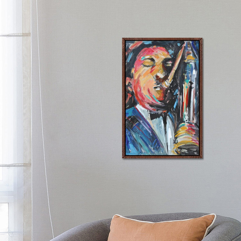 Sax Man by Allayn Stevens - Painting on Canvas, 66.04cm H x 45.72cm W x 3.81cm D, Classic Brown Wood Framed