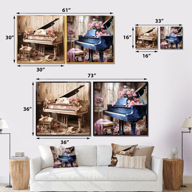 «Vintge Piano Romantic Melody I - Music Piano», ensemble de 2 reproductions d'art sur toile, Cadre flottant doré