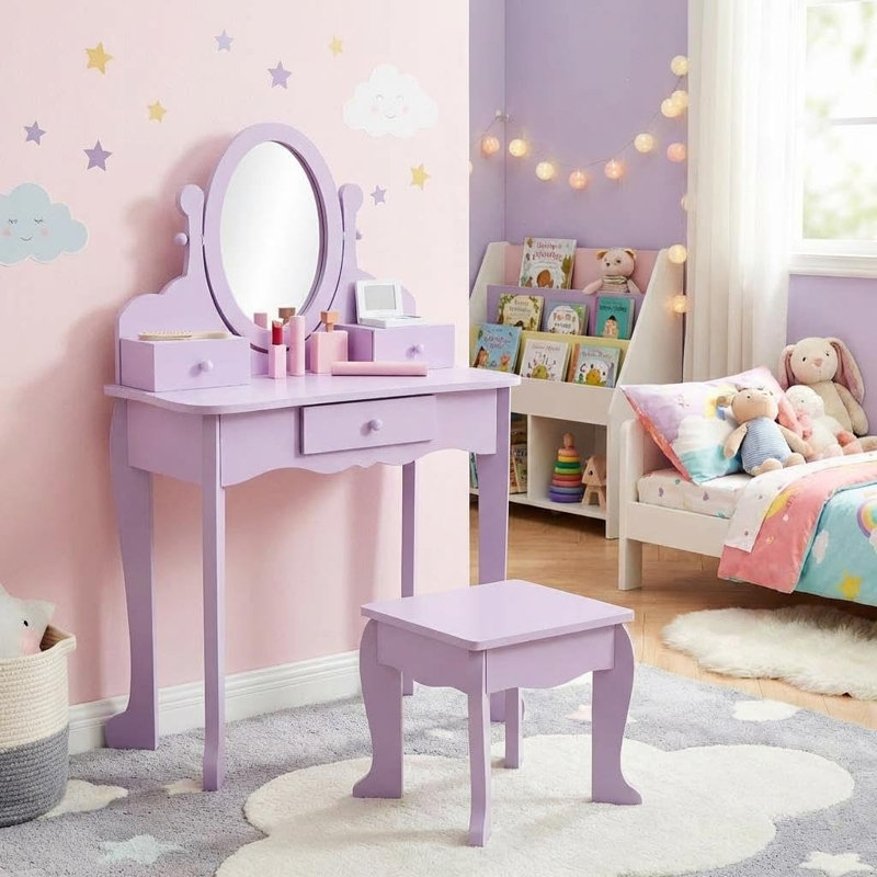 Kids Vanity Set with Mirror and Stool Ages 3-9 Makeup Dressing Table and Chair Playset with Drawer for Children Bedroom or Playroom,