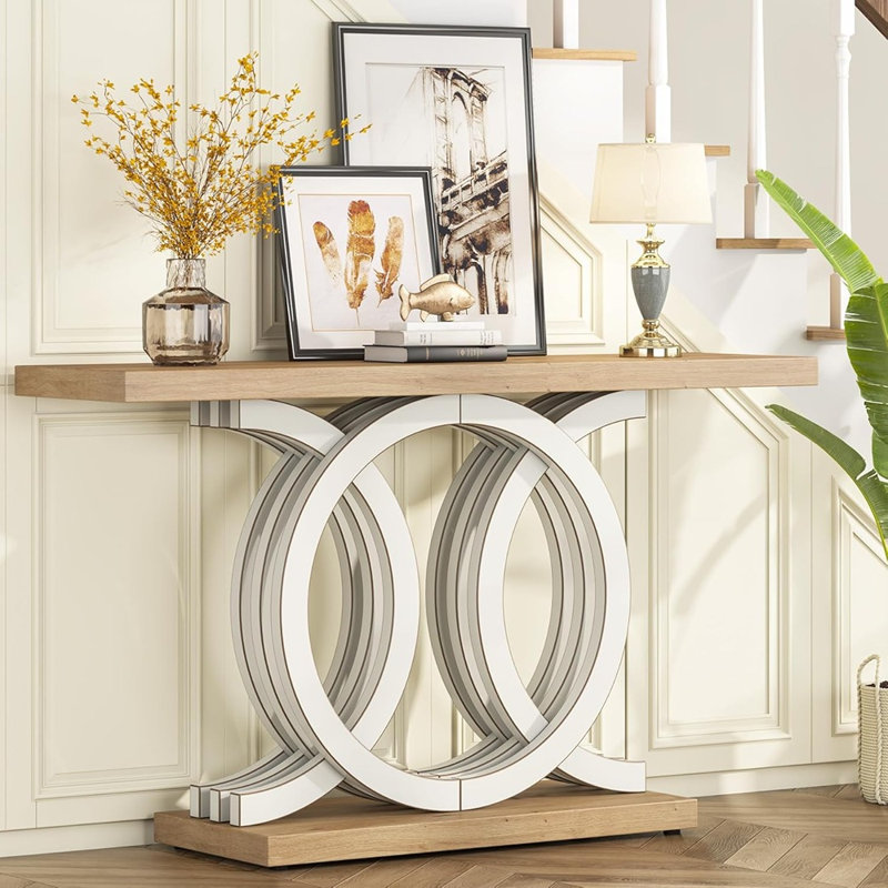 Console 55 po avec base géométrique, table d'entrée en bois moderne, blanc