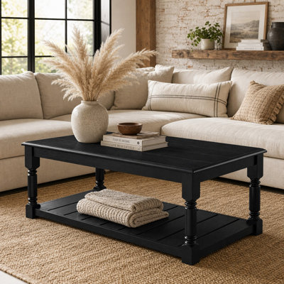 45.3" Farmhouse Coffee Table with Slatted Lower Shelf, Rectangular Wood Center Table with Turned Legs