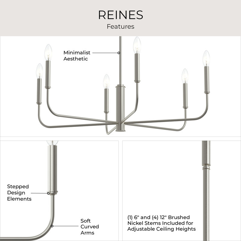 Reines 6-Light Brushed Nickel Large Chandelier, Brushed Nickel, 6