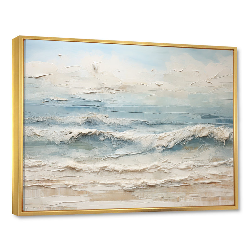 Peinture de plage côtière beige et bleue - Reproductions encadrées de plage côtière, Reproduction avec cadre flottant, Doré