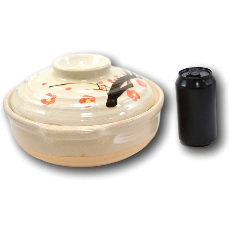 Fabriqué au Japon par Ebros Fleur de cerisier traditionnel Sakura Famille japonaise de style cuisine Donabe Grès à cuisson directe à la flamme ou en argile avec couvercle Couvercle pour four à micro-ondes de 90 oz