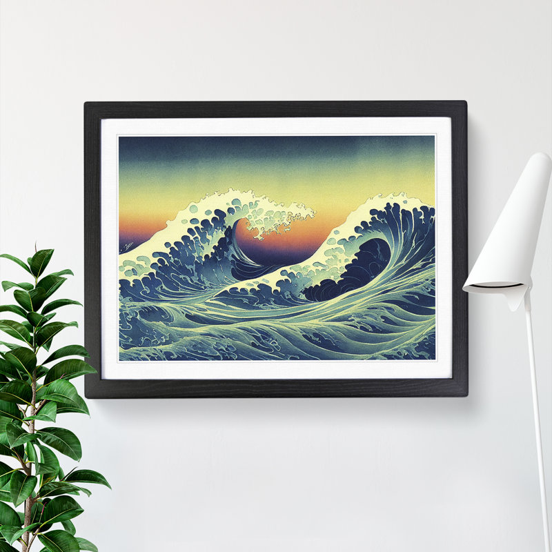 Japanese Waves Crashing - Single Picture Frame Print, Black, 25cm H x 34cm W x 2cm D