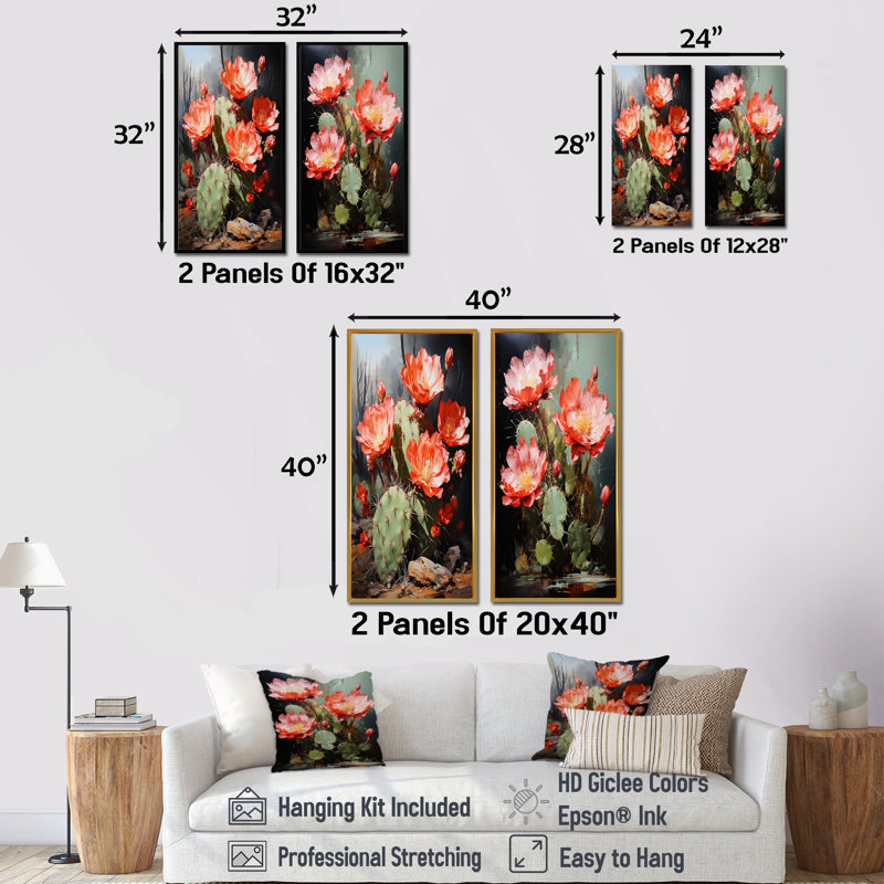 Cactus Ruby Blooms - Cactus, ensemble de 2 reproductions d'art sur toile, Cadre flottant doré, H 32 po x l 33 po