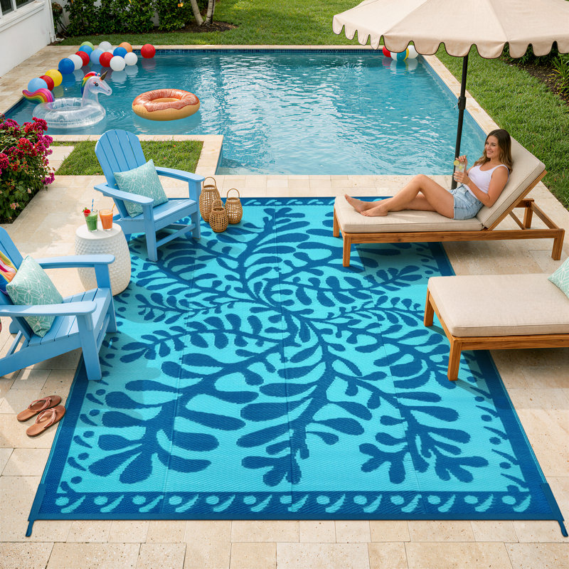Reversible Waterproof Plastic Straw Outdoor Area Rug for Patio, Camping, Beach,RV & Pool Deck, Blue, Rectangle 6' x 9'