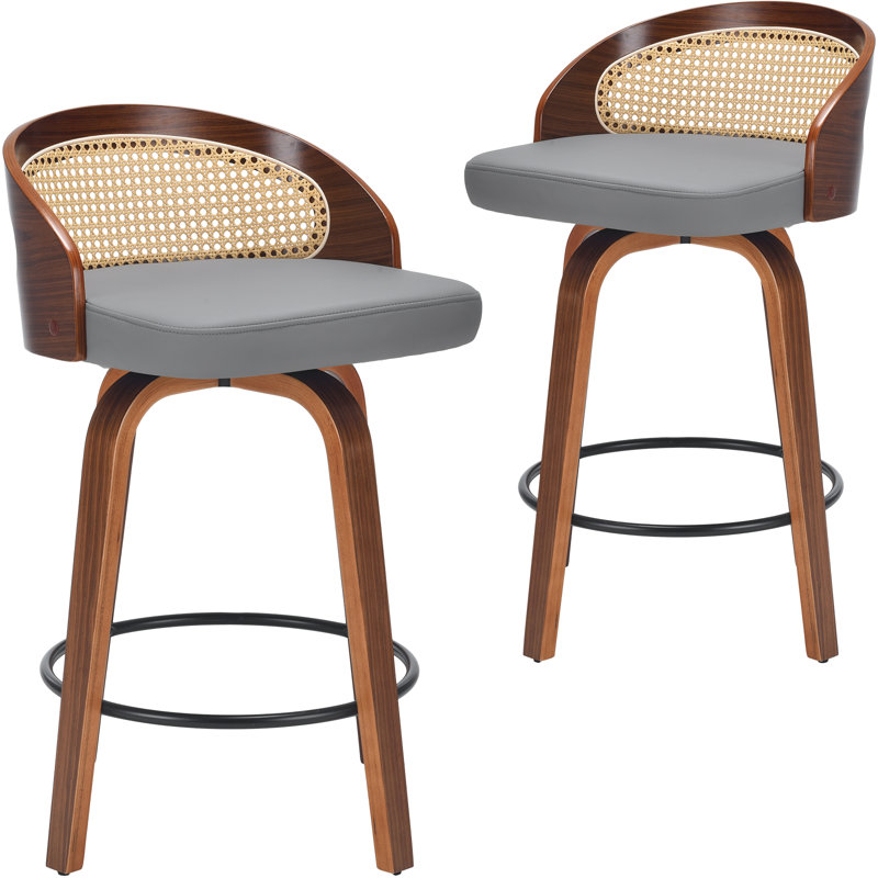 Swivel Faux Leather Cushion Rattan Back Counter & Bar Stools, Counter Stool (26" Seat Height), Gray