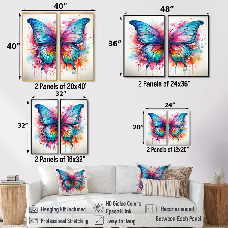 Papillon coloré 1 - Art mural moderne sur toile orange 2 pièces, H 36 po x l 48 po, Impression encadrée flottante, Blanc