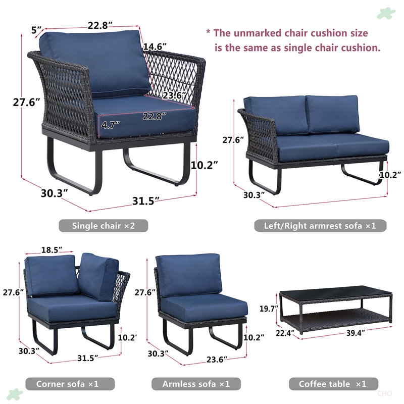 6 Seater Patio Sectional Conversation Furniture Set, Navy Blue