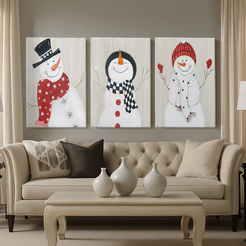 Festive Snowman I - Toile tendue avec châssis sur mesure - 3 pièces, H 60 po x l 120 po