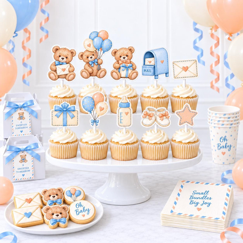 Décorations pour cupcakes de fête prénatale sur le thème des ours en peluche, boîte aux lettres abricot bleu, ballons, bouteille, pantoufles (lot de 10)