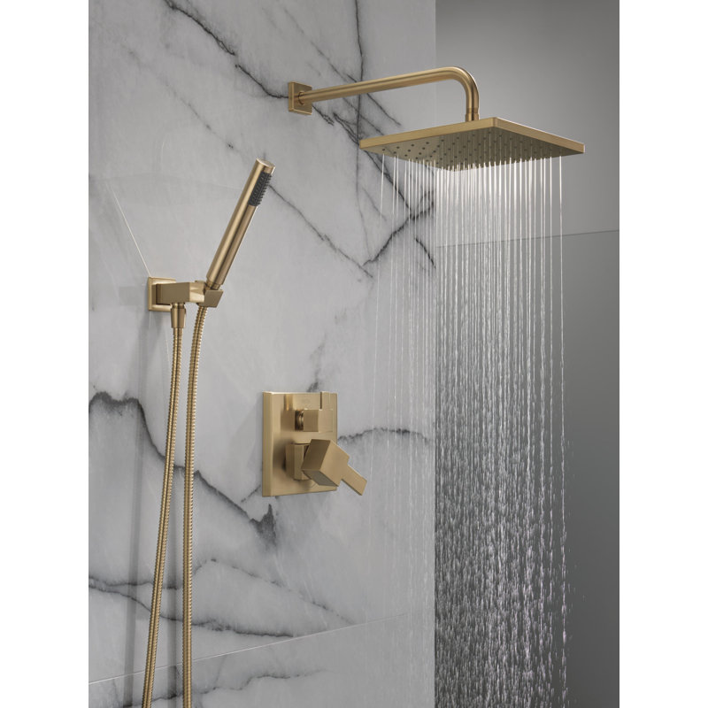 Delta Modern 14 Series Square Rain Shower System Faucet Set, Rainfall Brushed Gold Shower Head and Handle Set, Valve Trim Kit, 10 Inch, Champagne Bronze (Valve Not Included)