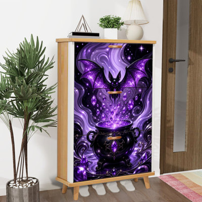 Shoe Storage Cabinet with 3 Flip Drawers for Mystical Bat Purple Gemstones Cauldron Shoe Rack Storage Organizer