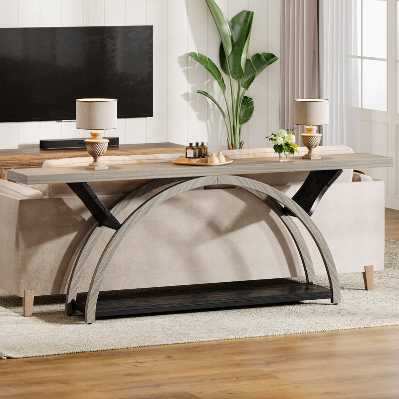 70.87'' Console Table with Storage Shelf, Rustic Industrial Sofa Table with Half-Moon Frame for Entryway or Living Room, Gray