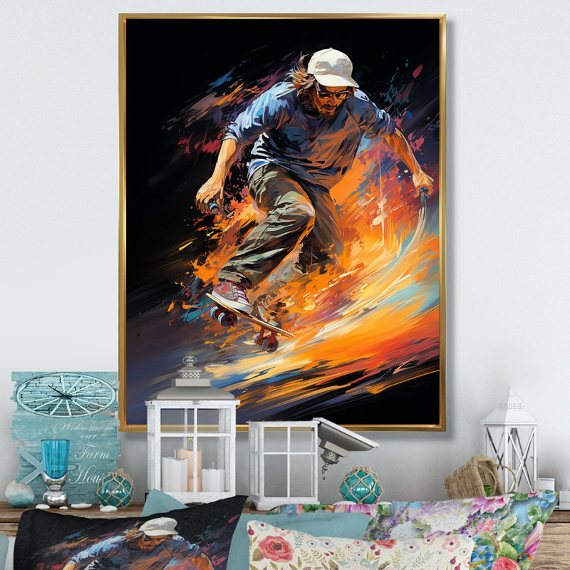 Skateboard Rhythmic Grind - Décoration murale sport, H 20 po x l 12 po x P 1 po, Cadre flottant doré
