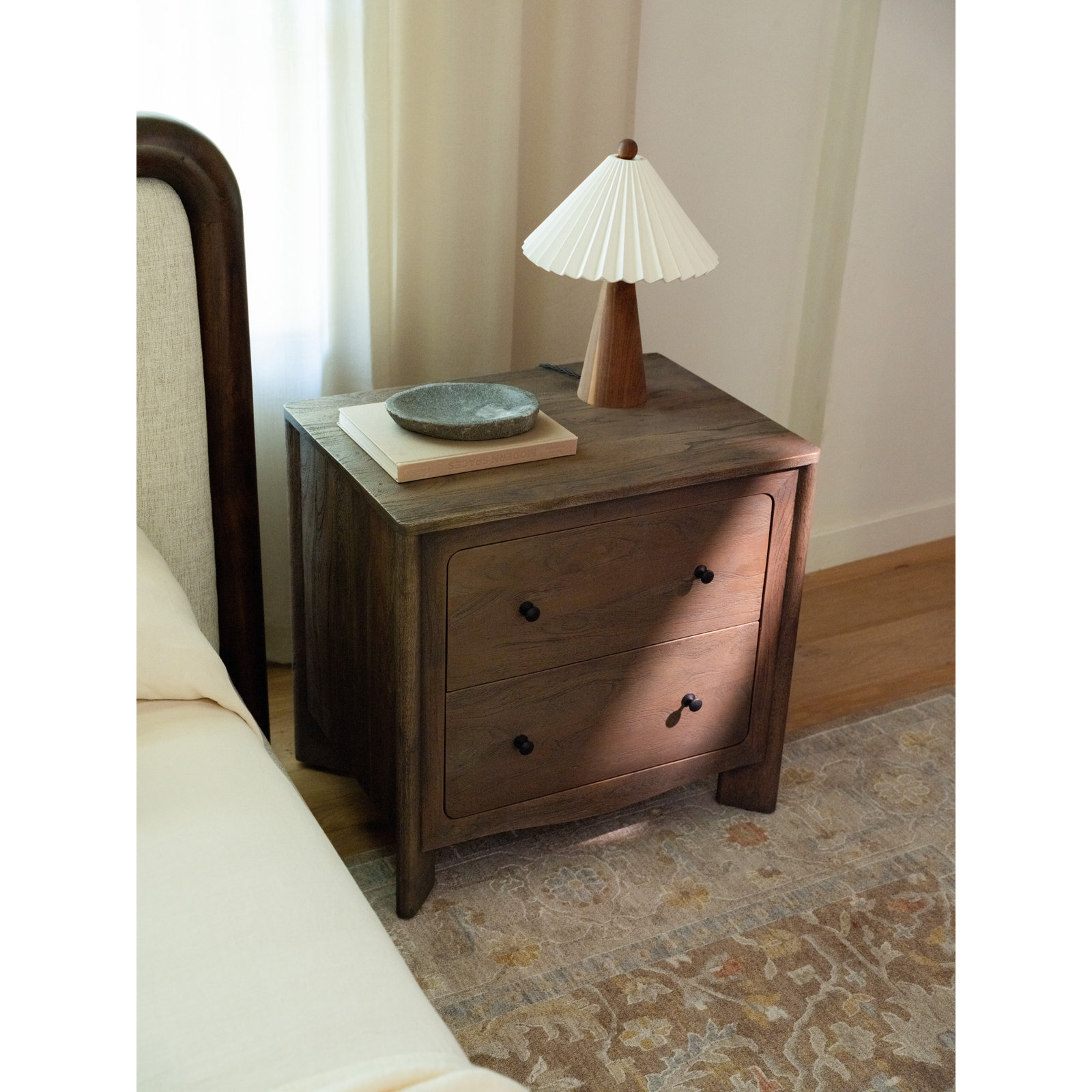 2-Drawer Curved Acacia Nightstand