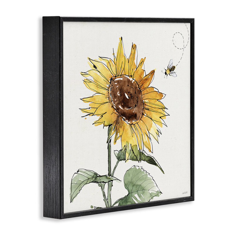 «Cheerful Sunflower Buzzing Bee» par Anne Tavoletti - Peinture sur bois, Giclée encadrée noir minuit