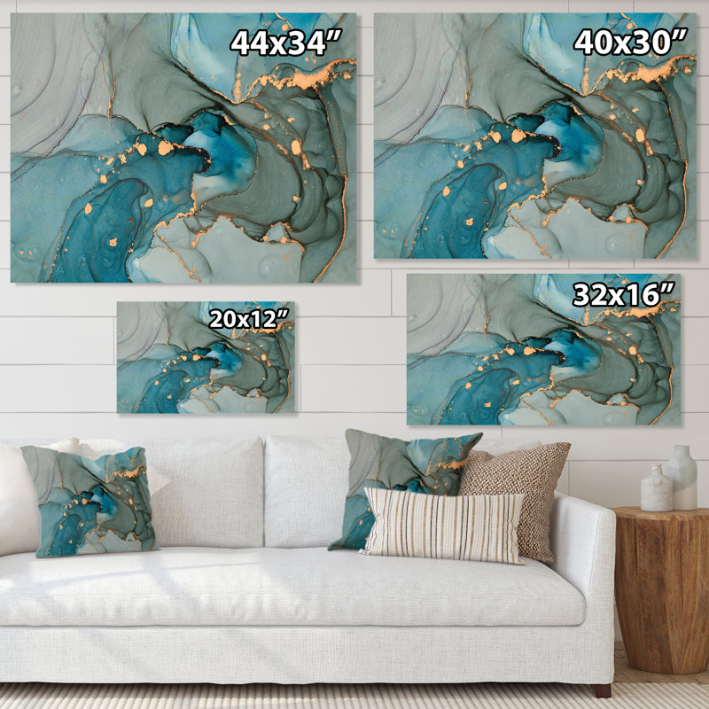Turquoise doré infusé de marbre - reproduction sur toile, H 12 po x l 20 po, Toile tendue, No Frame