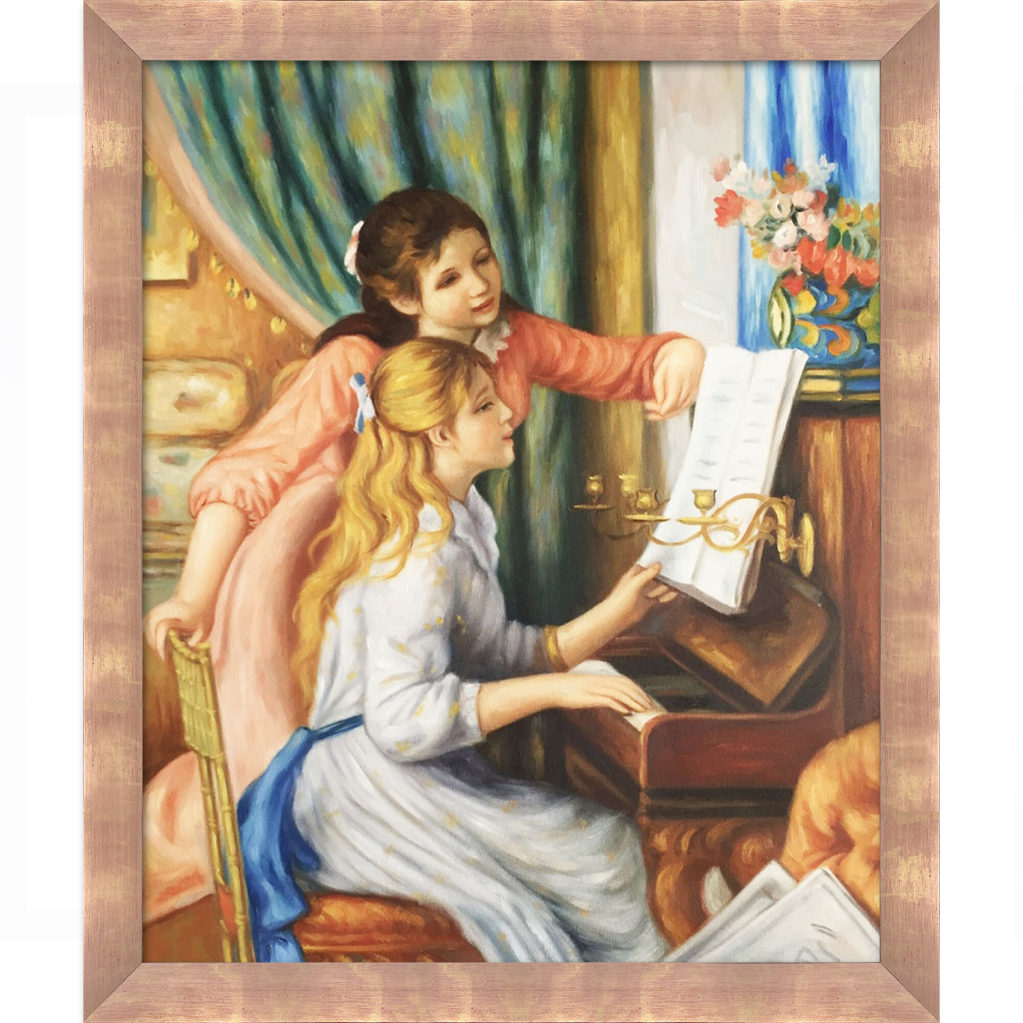 Overstock Art Young Girls At The Piano Framed On Canvas by Pierre-Auguste  Renoir Painting