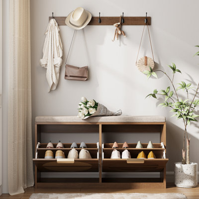 Rattan Entryway Bench With Seat Cushion & Coat Rack