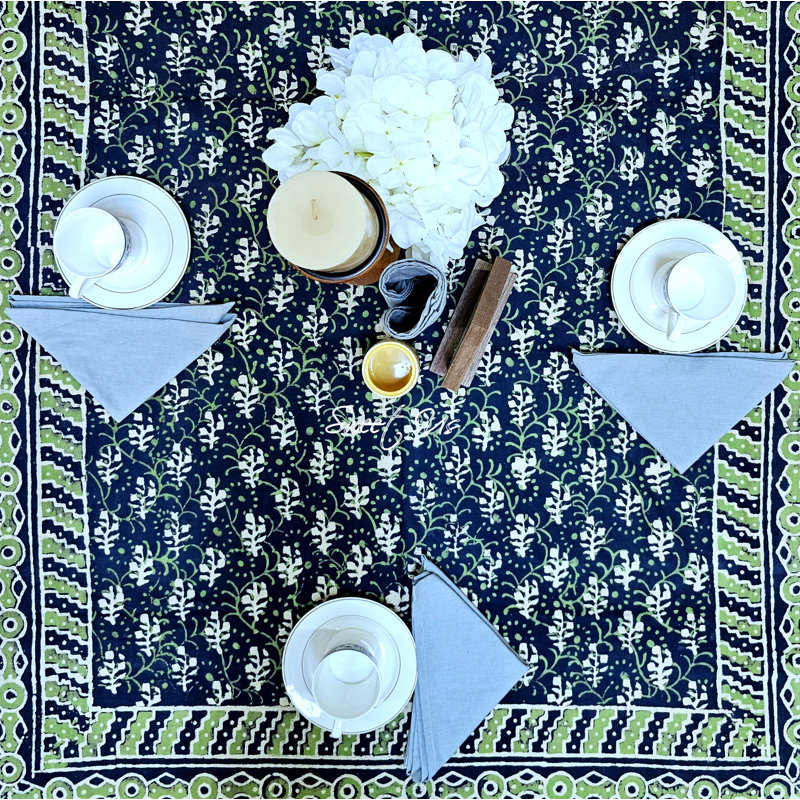 Nerses Dabu Hand Block Print 100% Cotton Tablecloth, Green