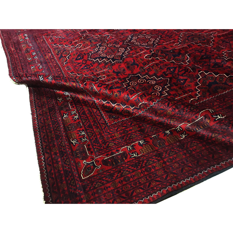 Oriental Hand-Knotted Red/Dark Blue/Gray Area Rug, Rectangle 9'11" x 18'11"