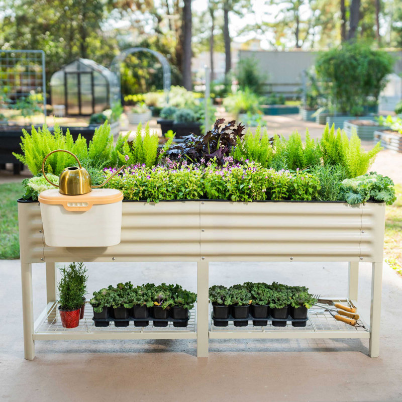 32" Tall 72" Long Metal Outdoor Elevated Planter, Pearl White