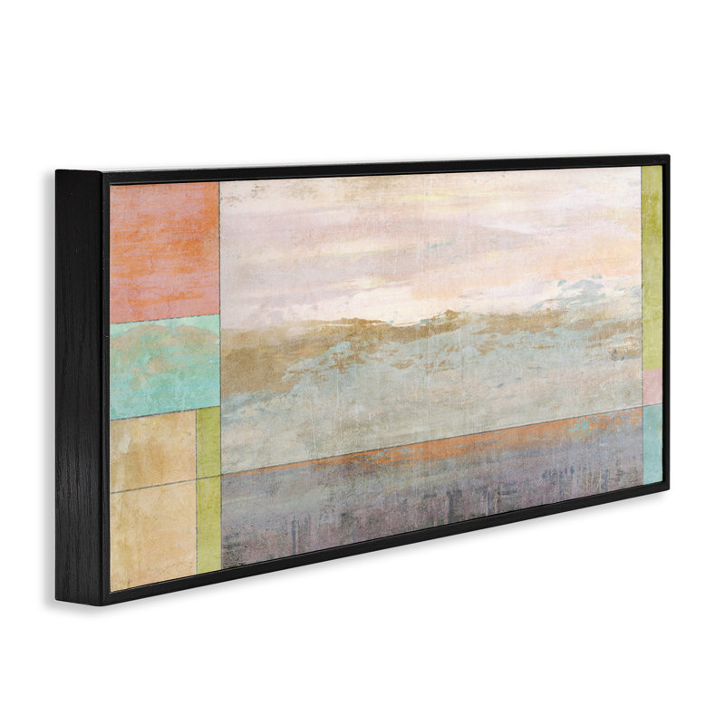 Paysage et bordure géométrique, estampe numérique par Suzanne Nicoll, Giclée encadrée noir minuit, H 13 po x l 30 po