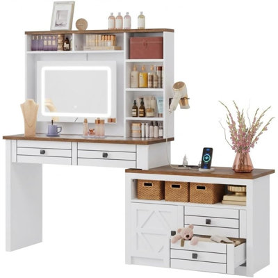 Coiffeuse blanche avec miroir et lumières, table de maquillage à 5 tiroirs avec station de charge et miroir réglable