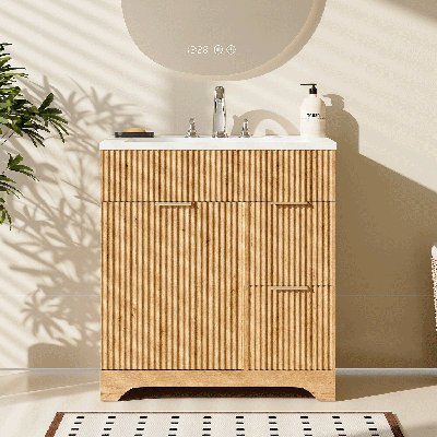 Fluted Bathroom Vanity With Ceramic Sink With Drawers &  Storage Cabinet