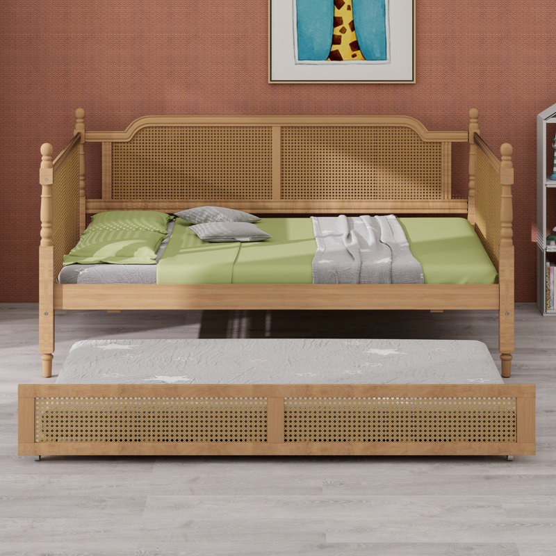 Lit de jour traditionnel en rotin avec lit gigogne, parfait pour les chambres compactes, Lit simple, Noyer antique